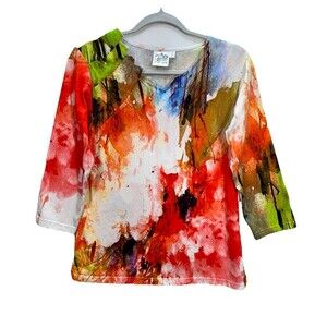 Parsley & Sage Abstract Top Womens Small Multicolor 3/4 Sleeve Watercolor V-Neck